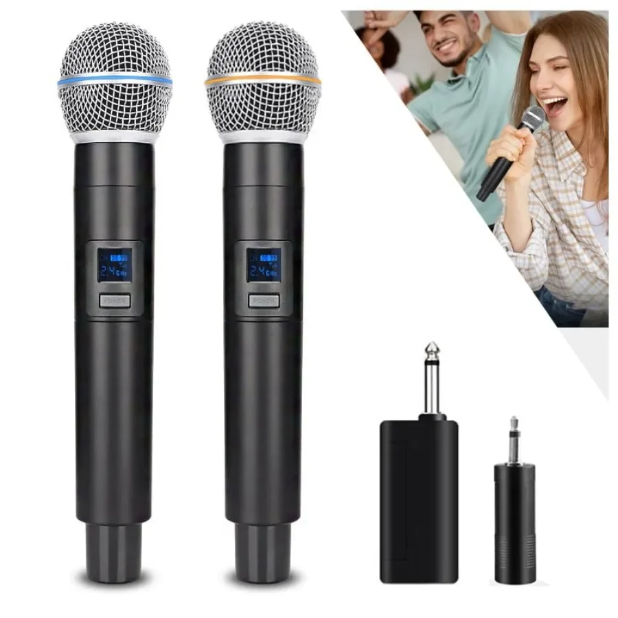 2.4G Wireless Microphone, Dual Microphones for Karaoke, Wireless Dynamic Microphone with Rechargeable Receiver, Plug and Play,