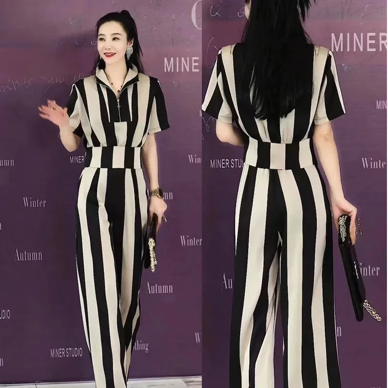

Fashion Korean Suit 2026 Women's Summer Outfit Female Vertical Stripe Two Piece Set Ladies Wide leg Pants 2 Piece Set