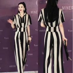 Fashion Korean Suit 2026 Women's Summer Outfit Female Vertical Stripe Two Piece Set Ladies Wide leg Pants 2 Piece Set