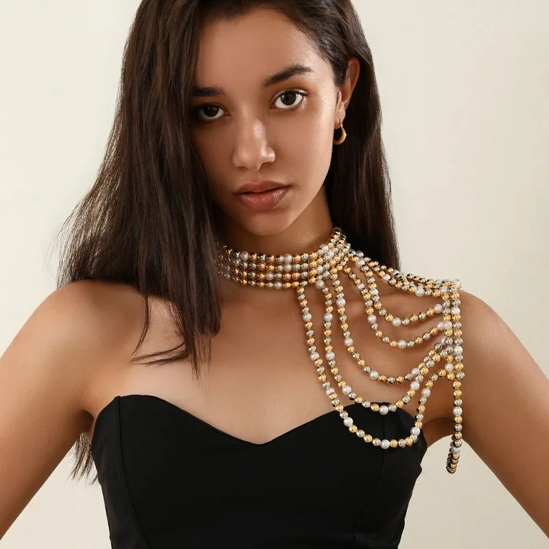 2024 Fashion Creative Imitation Pearl Tassel Shoulder Chain Body Chain for Women Girls Personality Metal Geometric Body Jewelry