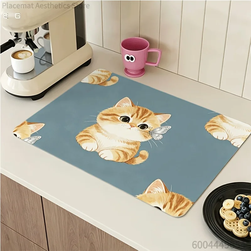 Cute Cartoon Cat Watercolor Peony Seashell Seagull Print Super Absorbent Drying Mat, Waterproof Kitchen Counter Drain Pad Decor