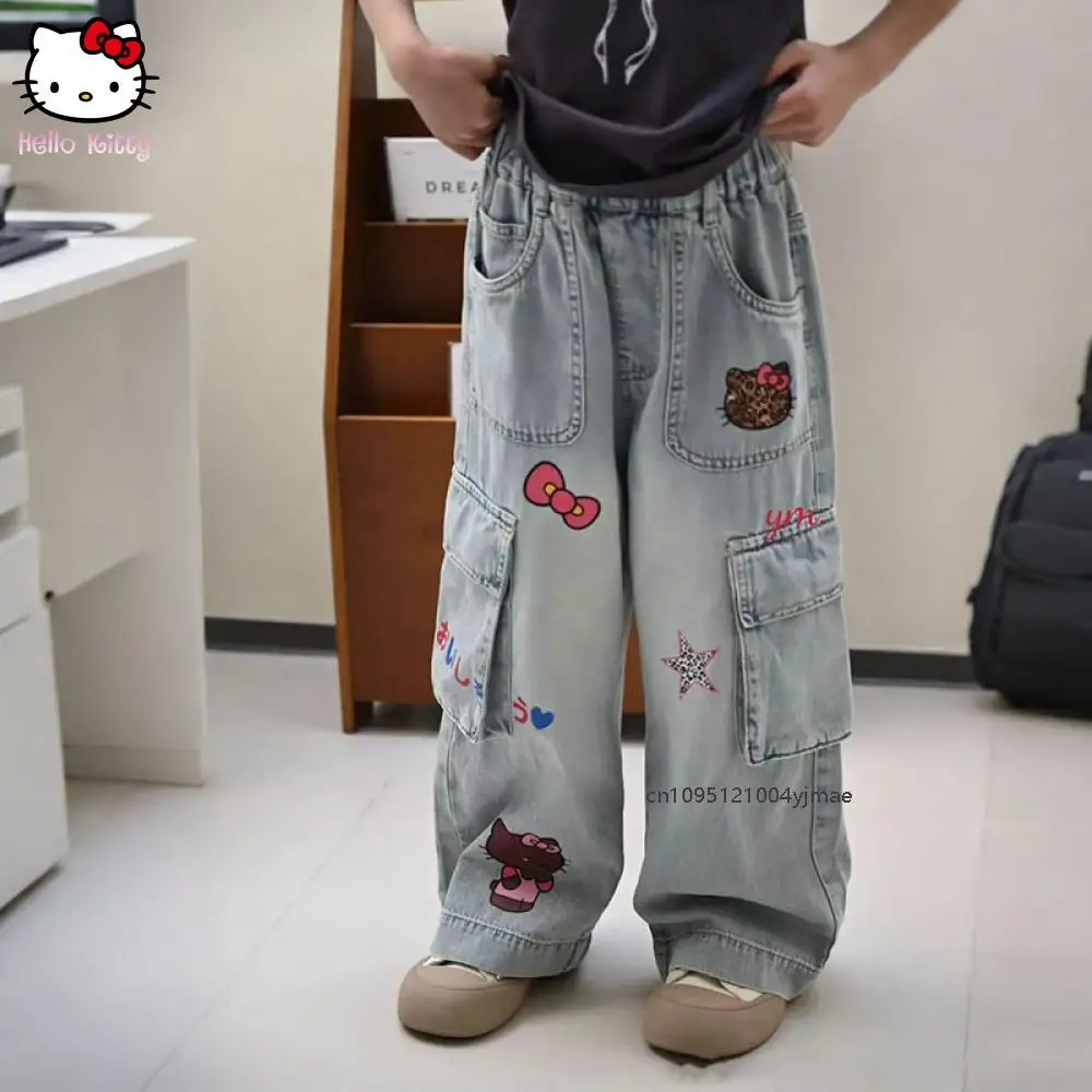 

Джинсы Sanrio Hello Kitty для девочек, спортивные штаны, детская одежда, летние мягкие расклешенные брюки с принтом из мультфильма, милое рабочее оборудование