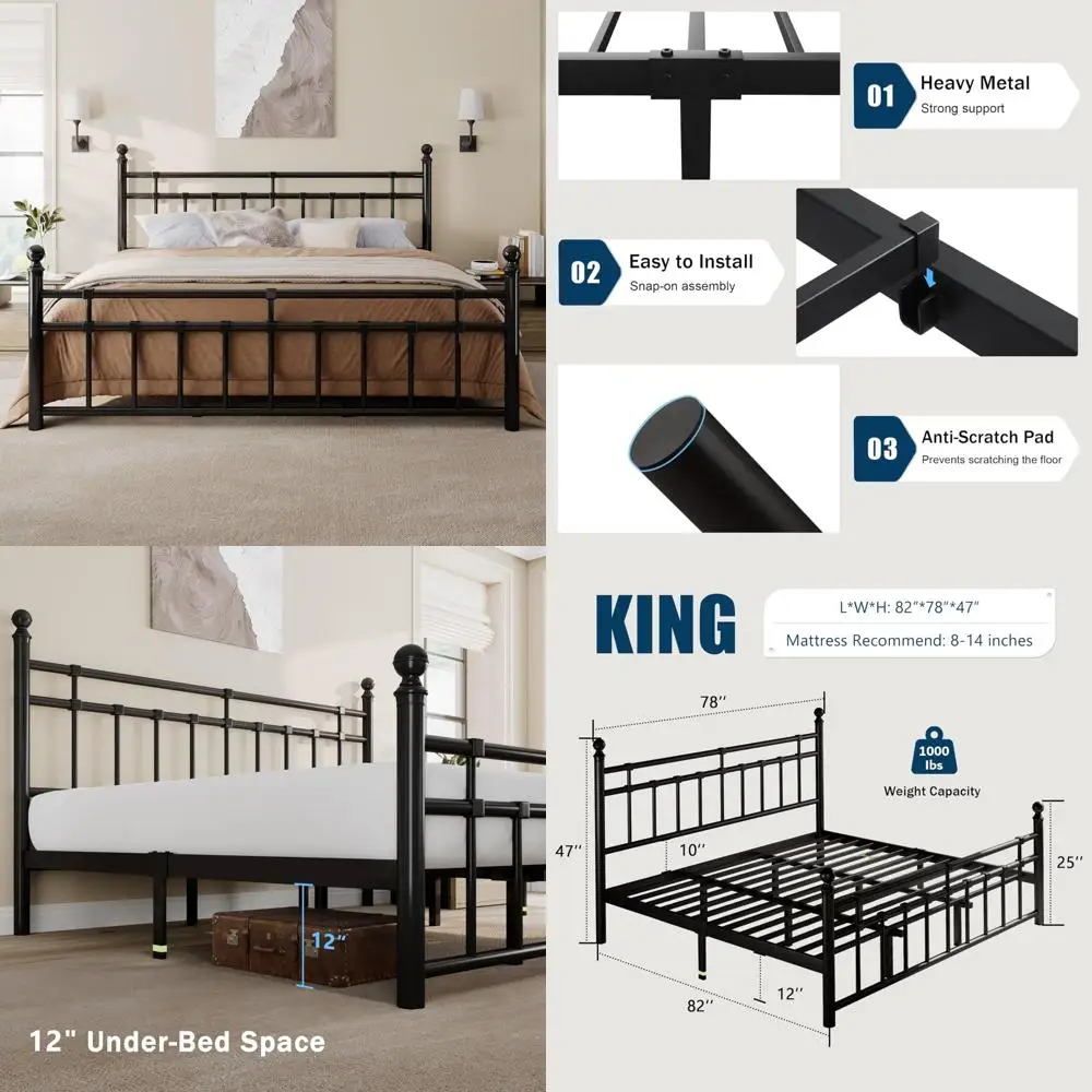 

King-Size Metal Platform Bed with Wrought Iron Headboard and Footboard, 12 Storage Spaces, No Box Spring Needed