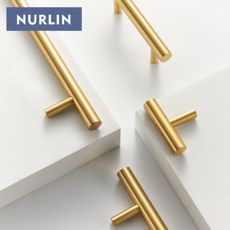 Nurlin Solid Brass Round Rod T-shaped Cabinet Handle Extended Long Wardrobe Drawer Refrigerator Kitchen door Pull Furniture