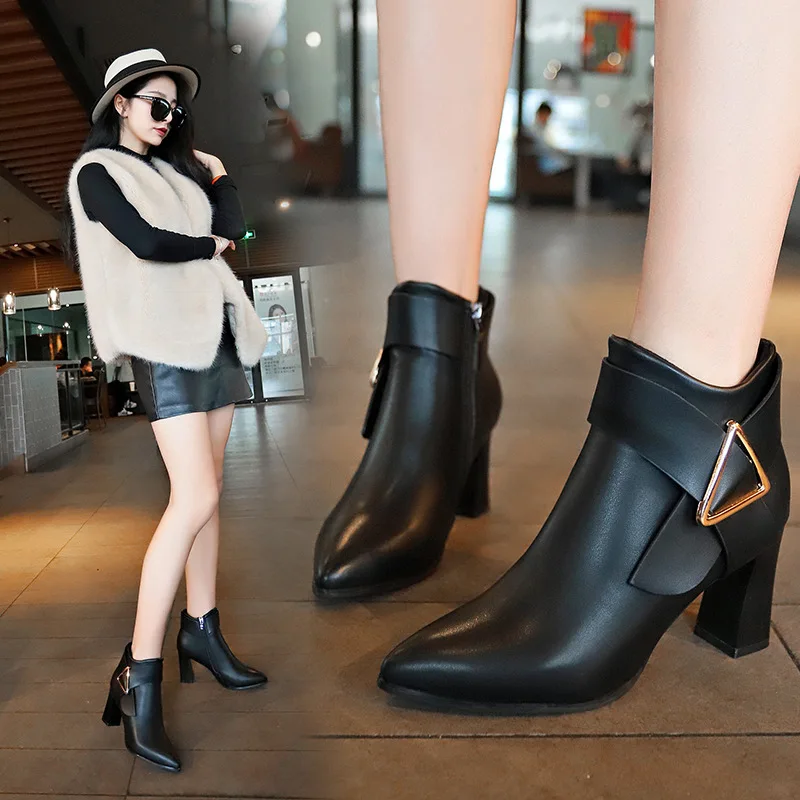 Women\'s Shoes 2024 Fashion pu leather Women\'s Boots Winter Pointed Toe Solid Sexy Dress Short Barrel Stilettos Thin Heels Boots