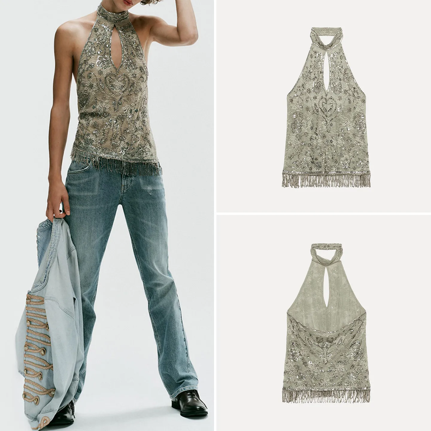 Fashionable Beaded Tassel Collar Women's Top Color Block Autumn 2026 New Arrival Straight Cut Short Length No Chest Pad