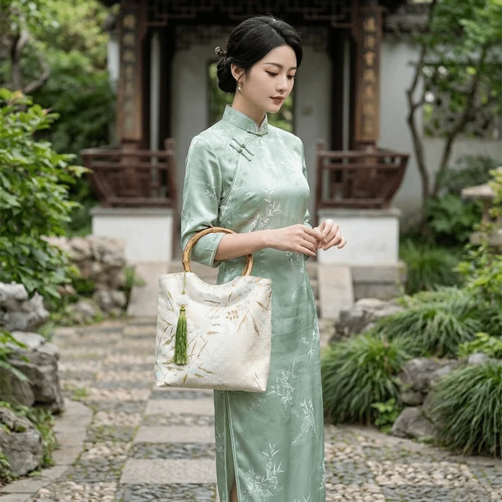 Imitation Bamboo Node New Chinese Style Handbag Bamboo Leaf Resin Hanfu Bucket Bag Printed Large Capacity Tote Bag Girls