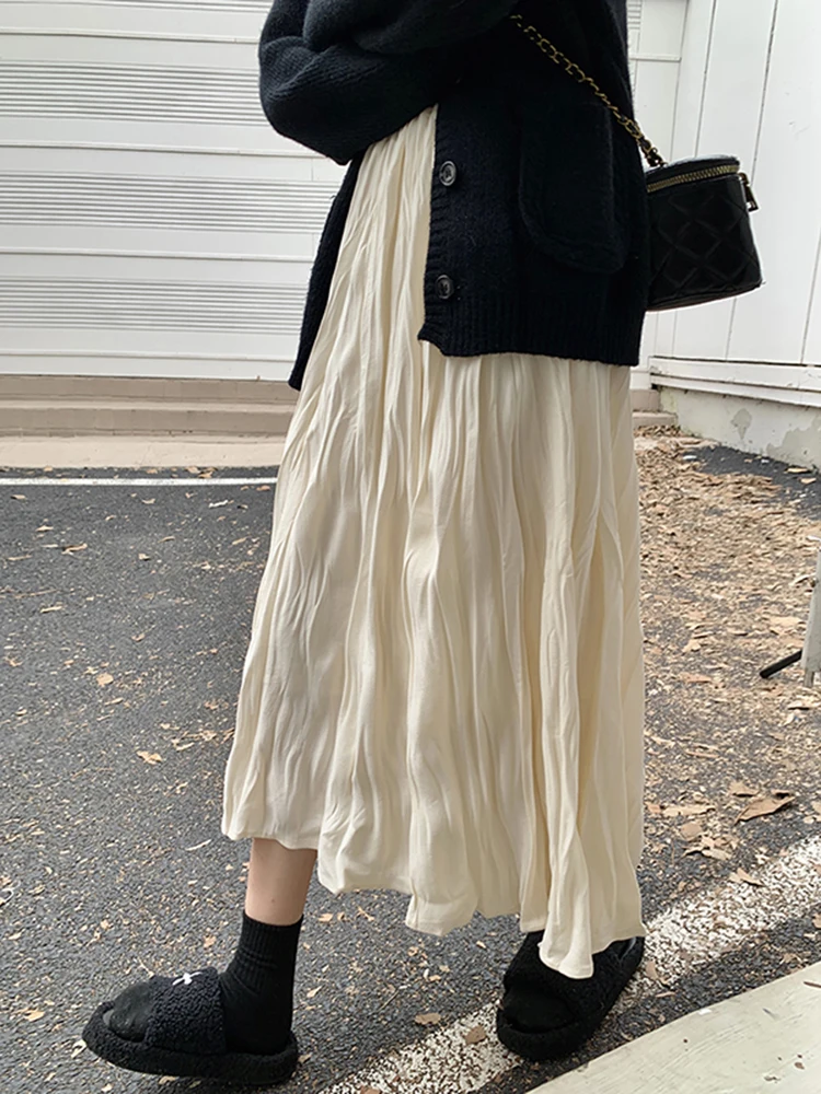 

Женская плиссированная юбка с высокой талией больших размеров, скрывающая бедра, универсальная, А-силуэт, для офиса, длинная, из полиэстера