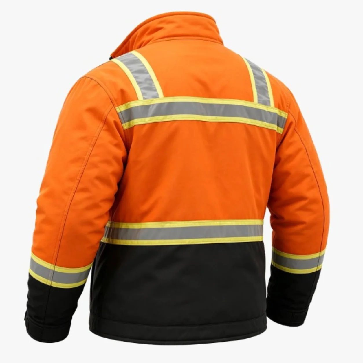 Men's Orange Hi Vis Work Jacket Reflective Stripe Design Warm Lined Zip Up Coat with Utility Pockets for Outdoor Construction