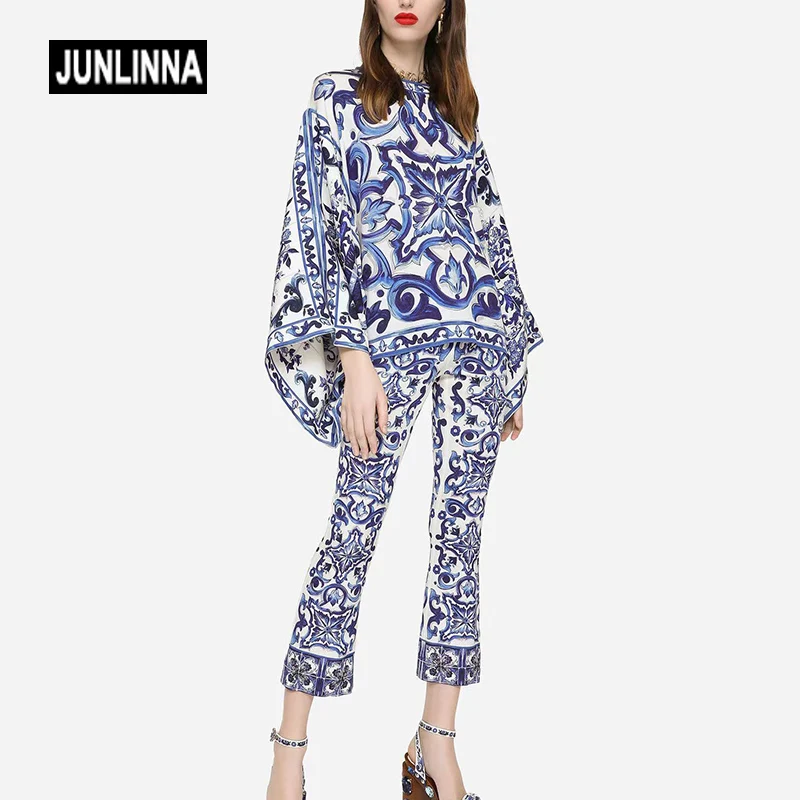 JUNLINNA 2022 Autumn New Women Pants Suit Batwing Sleeve T-shirt+Pencil Trousers White & Blue Porcelain Printed Two Piece Sets