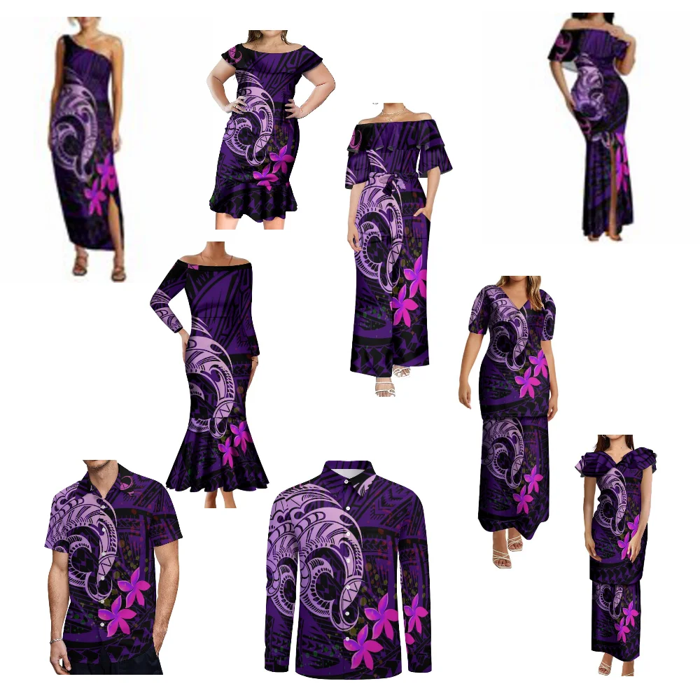 2024 New Variety Couple Dress Party Travel 2024 New Variety Polynesian Art Print Custom Puletasi Set Skirt Shirt