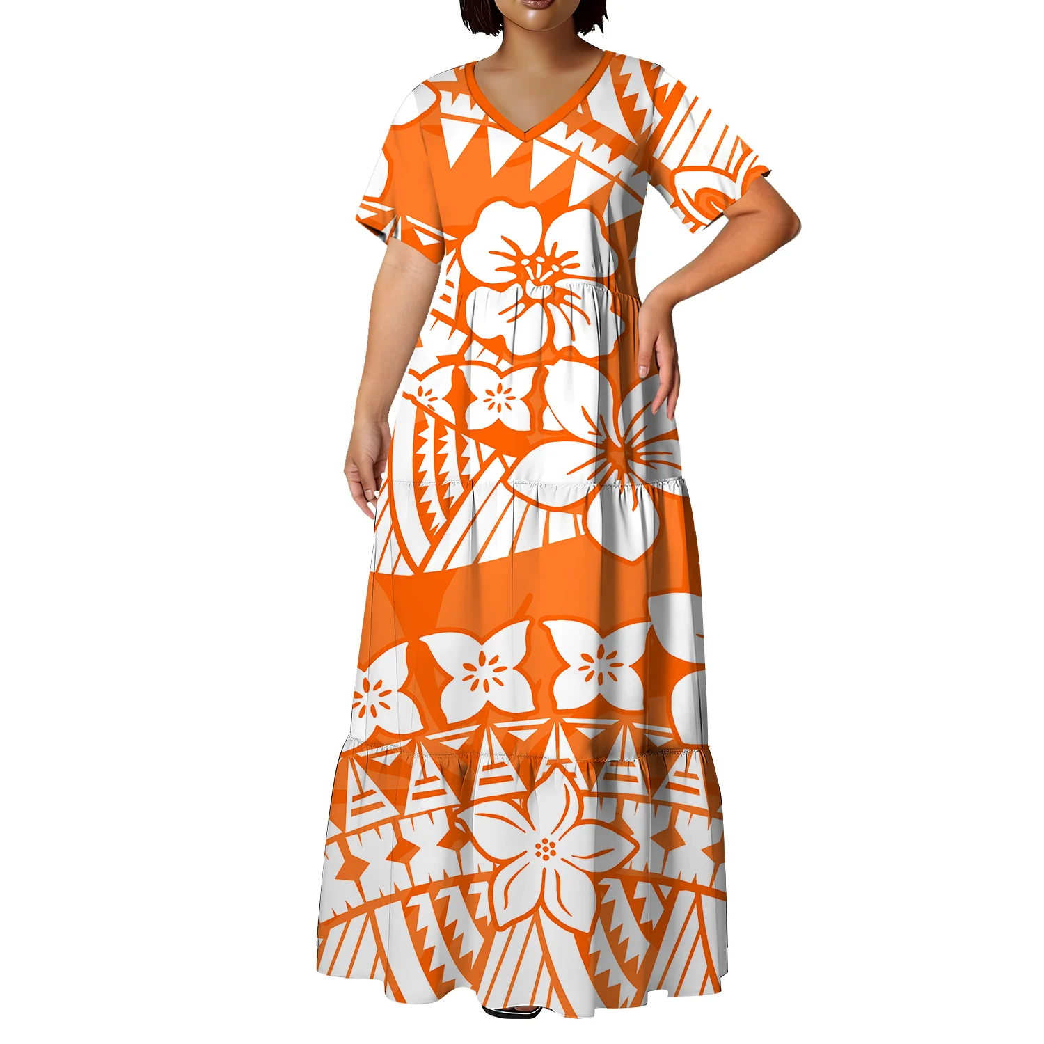 V-Neck Loose Short-Sleeved Long Dress Polynesian Custom Women'S Dress Pattern Pacific Island Fluffy Skirt Design