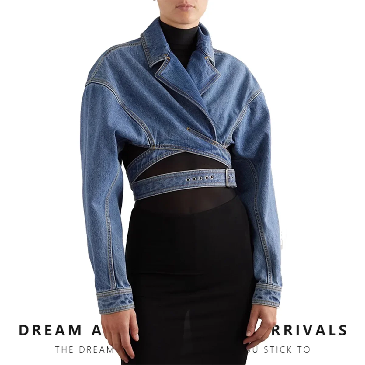Chic Spring Women's Cross Folded Collar Hollow Out High Waist Belt Tied Denim Jacket Jeans Coat Short Cowboy Cardigan Tops 2024