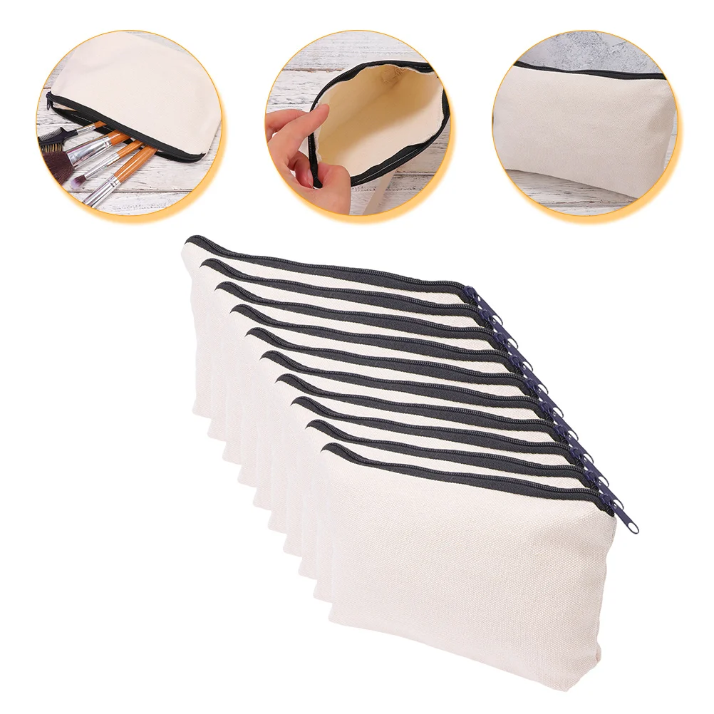 

10Pcs Canvas Pencil Bags Beige Blank Organizer Travel Makeup Pouches Small Zipper Pouch Toiletries Storage Bag