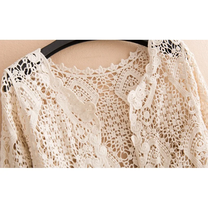 Summer Korean Style Thin Three-Quarter Sleeve Shawl Outer Match Lace Cardigan Small Hollow Sun Protection Clothing for Women