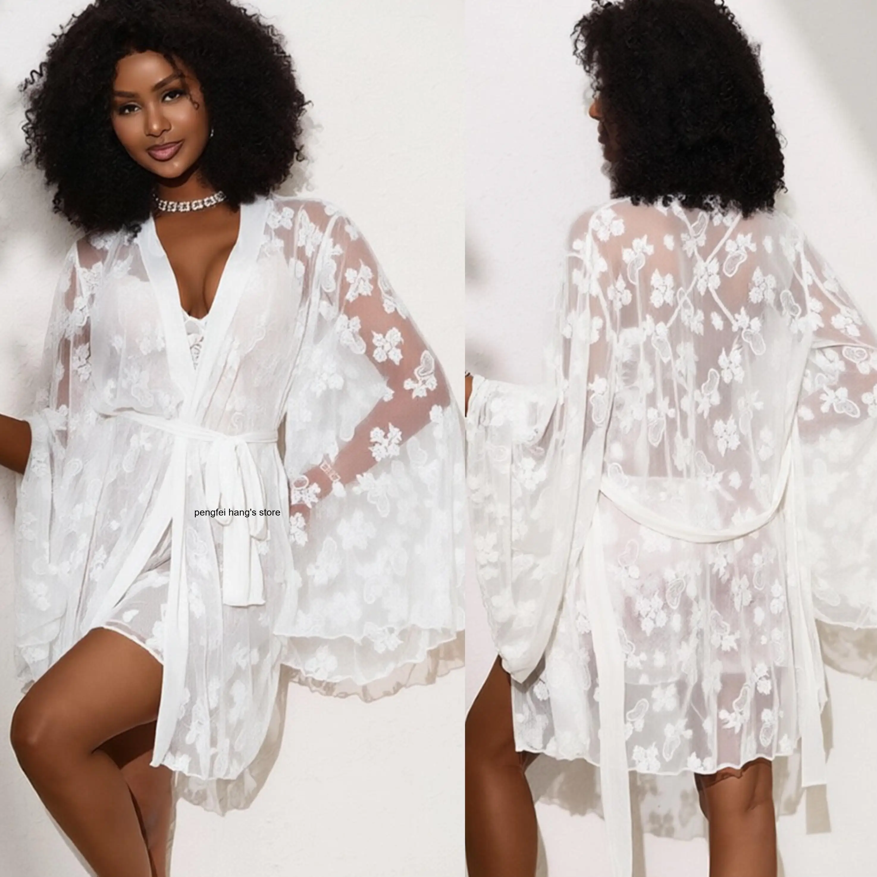 Elegant Floral Lace Short Kimono Robe V Neck Self Tie Flare Sleeve Women Bathrobe Ladies Homewear Outer Cover Up Nightgown