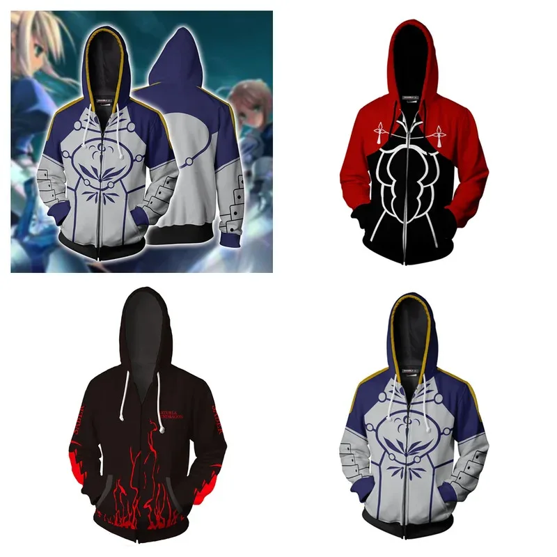 سترة بغطاء للرأس من Game FGO Fate Stay Night، سويت شيرت Sabre، سترة Shirou Emiya Cosplay، سترة للأولاد، سحاب بقلنسوة، ملابس الشارع 56