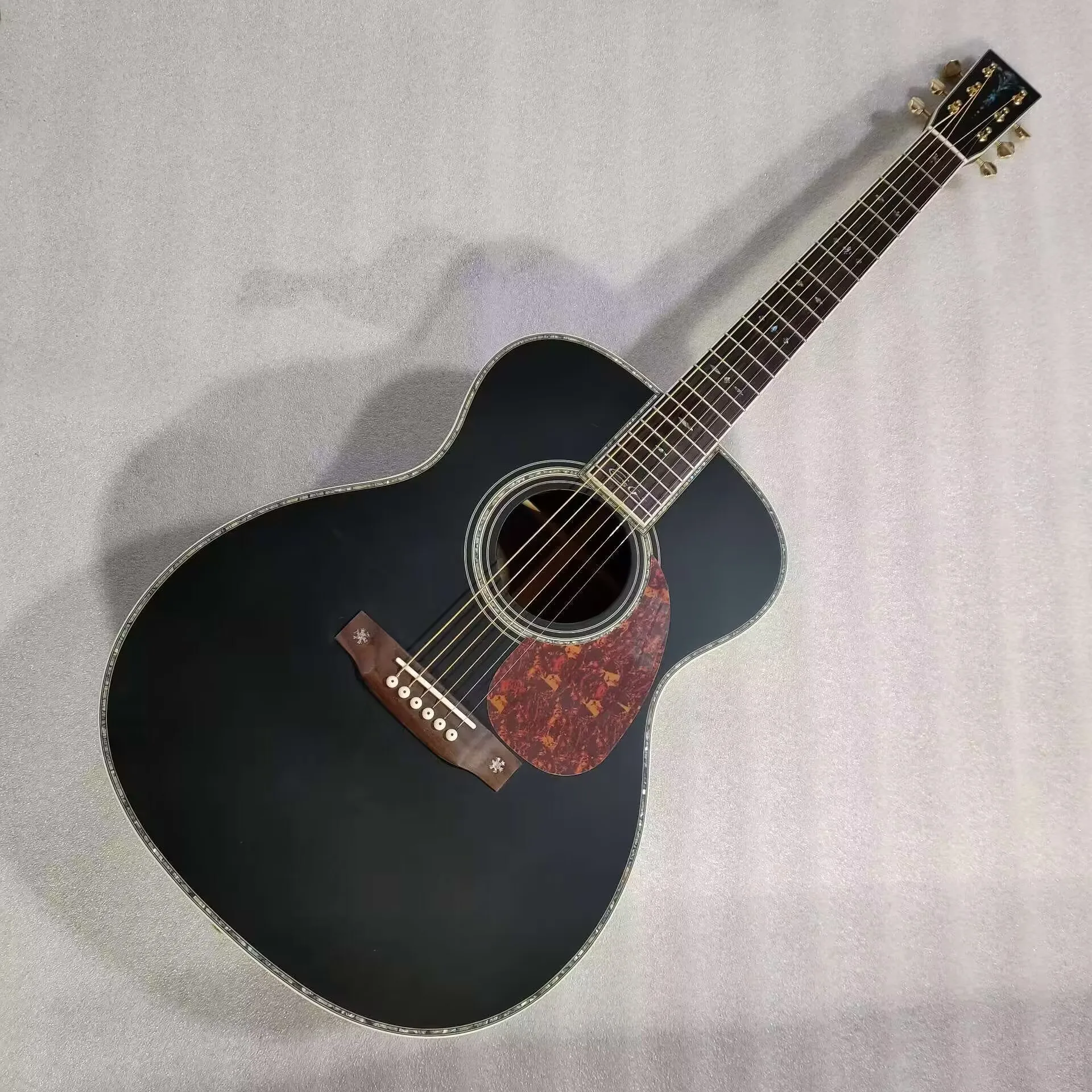 Solid Spruce satin black Acoustic Folk Guitar, Custom OM42 , Fancy Abalone, signature guitar 39-40 inches