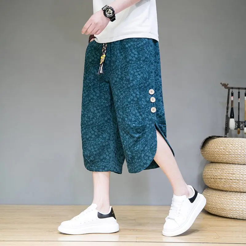 

Men's Ice Silk Capri Summer Loose Fit Jacquard Wide Leg Linen Pants Buttoned Straight Leg Sports Men Chinese Wushu Clothing