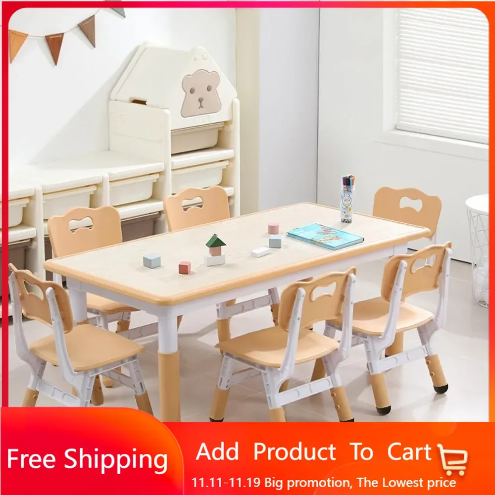 

Kids Table and Chairs Set, Height Adjustable Desk With 6 Seats for Ages 2-10,Arts & Crafts Table,Graffiti Desktop, Non-Slip Legs