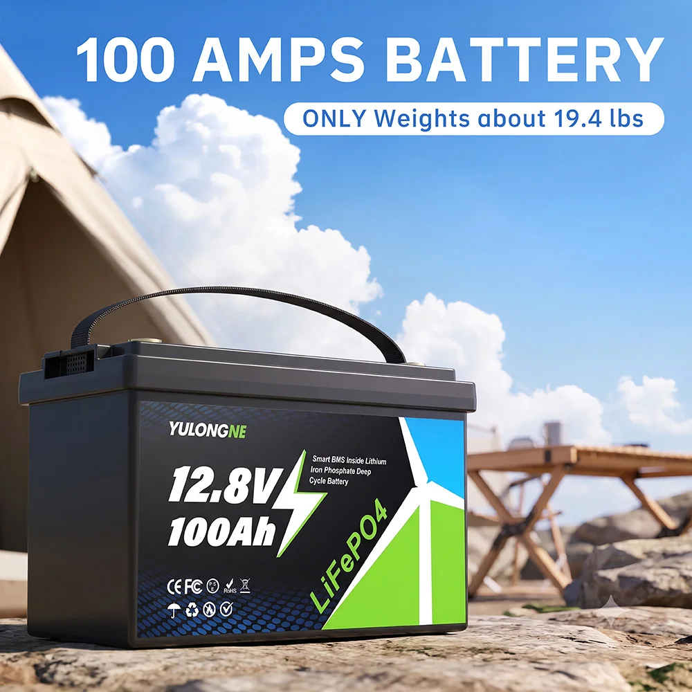 YULONGNE 12.8V 100Ah LiFePO4 Battery Built-in Smart BMS 1280Wh Deep Cycle Lithium Iron Phosphate Battery for RV Solar Marine Off-Grid Home Energy Storage US Warehouse