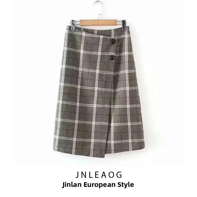 

Модная клетчатая юбка на пуговицах для женщин, осень-зима, большая квадратная универсальная юбка-миди Sli, повседневная ткань из полиэстера