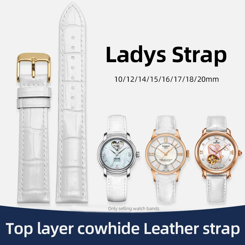 White Genuine Leather Women Watch Band For Tissot Cartier Fossil  DW Strap 12/14/15/16/17/18/20mm first layer cowhide Watch Belt