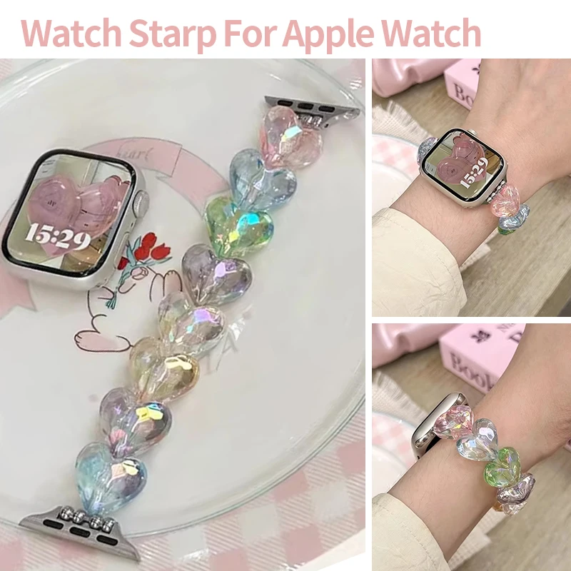 Colored Heart Crystal Band Strap for Apple Watch 44mm 40mm 41 42 45 46 38 Women Gradient Bracelet for Iwatch Series 11 10 9 8 Se
