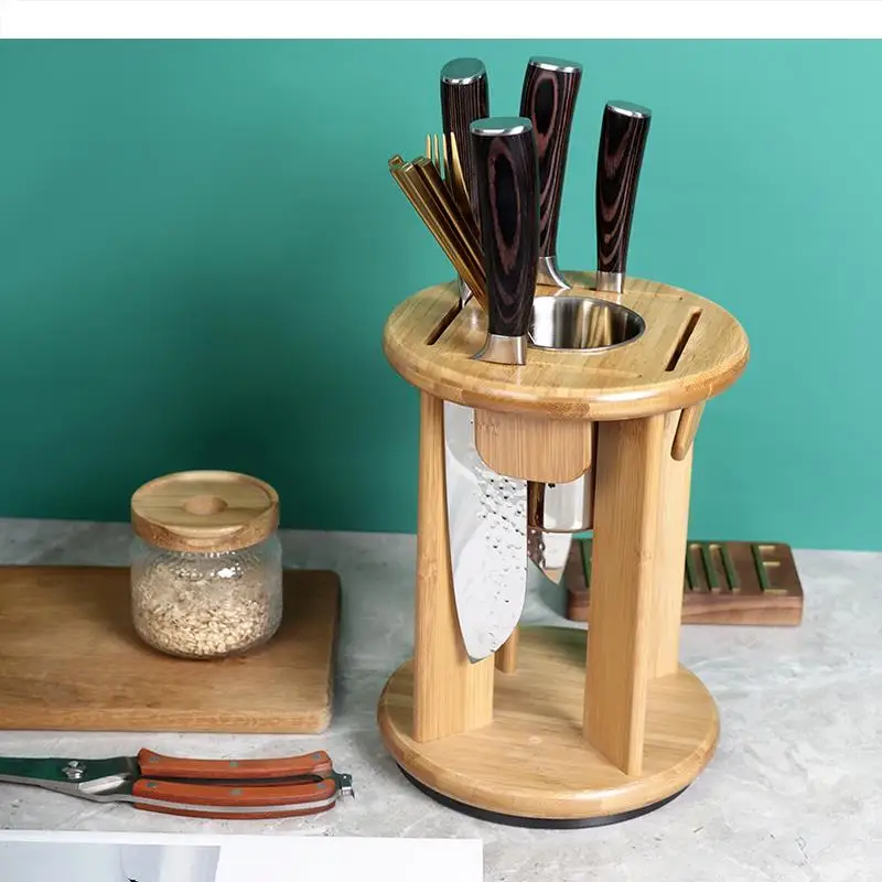 Rotatable Wooden Knife Holder Kitchen Desktop Shelf Multifunction Storage Rack Chopsticks Cage Drain