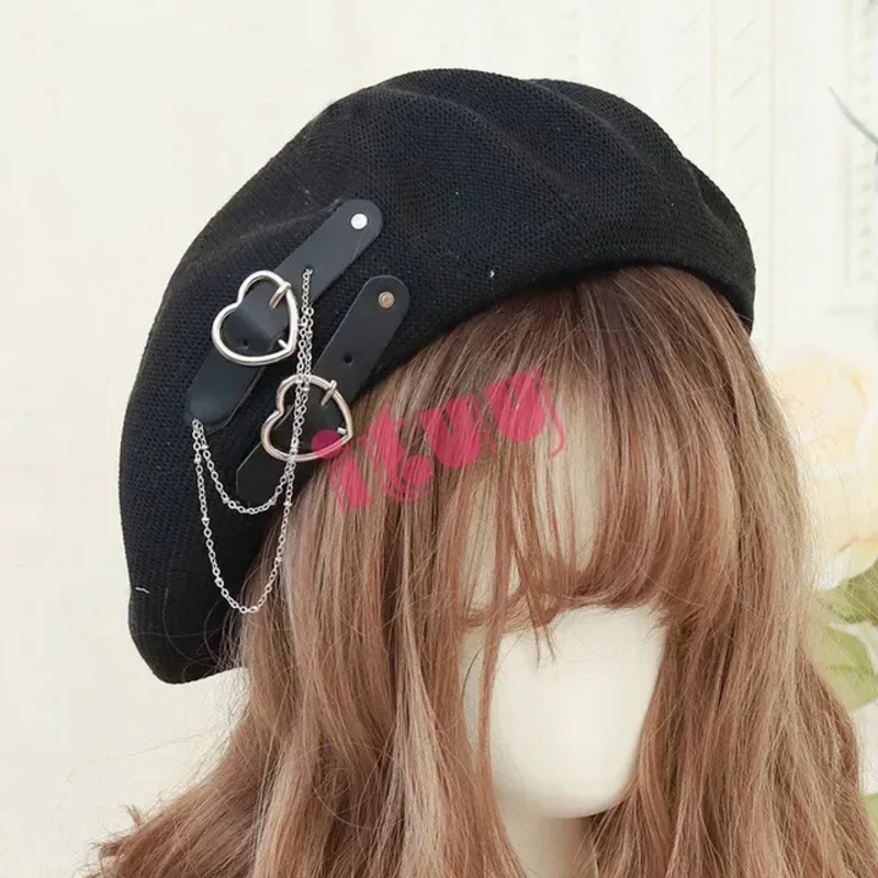 Gothic Lolita schwarz Punk Baskenmütze Harajuku Frauen Mädchen Sommer atmungsaktive Herz Schnalle Mütze JK Hut Zubehör