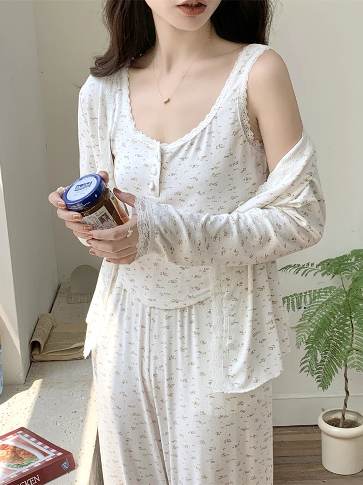 

Pure Desire Lace Trim Nightgown Set Sweet Floral Print Long Pants Cardigan Spring Autumn Tee Piece Spwear for Young Women