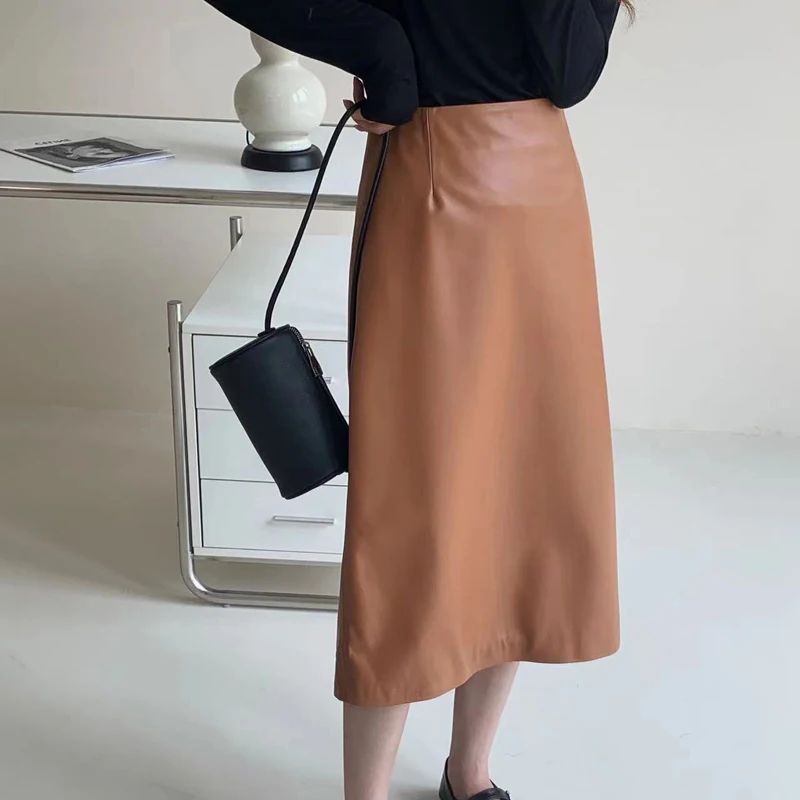 Luxury Whole Piece Lambskin Skirts For Women Winter 100% Leather High End Commuting Straigt Wrap Jupe Femme Couro Long Etekler