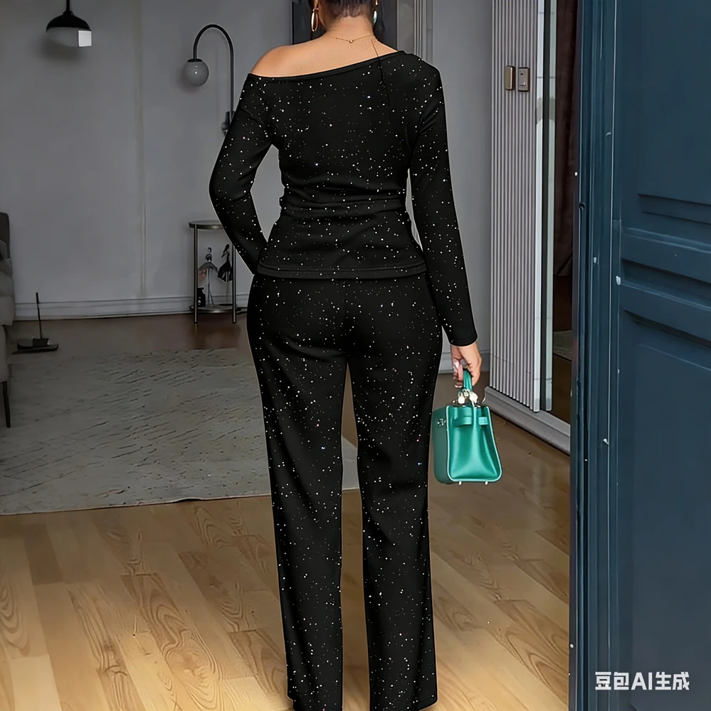 

Women's 2 Piece Outfit Sparkly Off Shoulder Long Sleeve Top Wide Leg Pants Set Mactching Set Elegant Party Clubwear