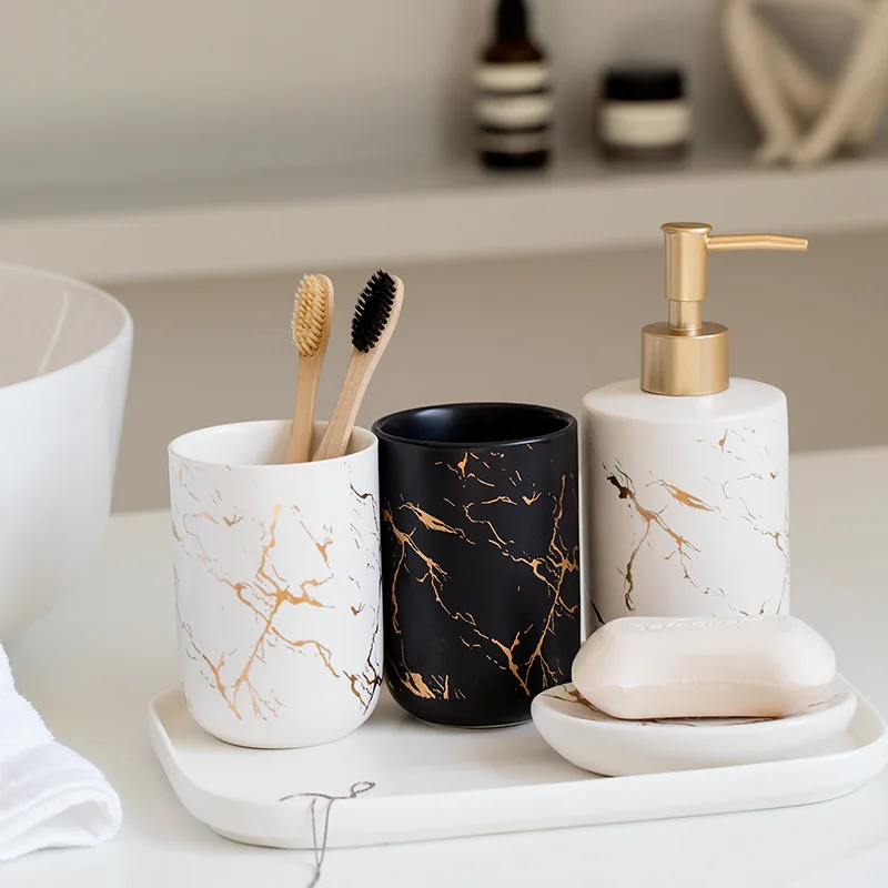 

Luxury Marble Bathroom Accessory Set Toiletry Set Ceramic Soap Dish Toothbrush Holder Mouth Cup Liquid Soap Dispenser Tray