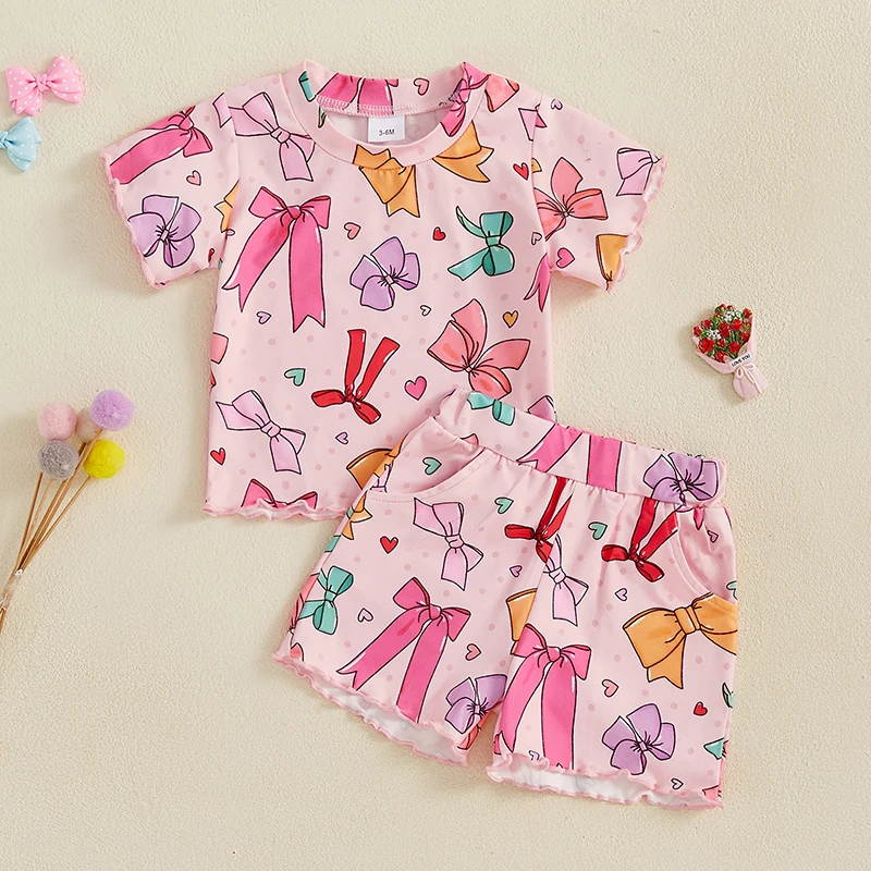 Maluch dziewczyna letnie stroje nadruk z kokardką wycięcie pod szyją t-shirty z krótkim rękawem topy spodenki 2 szt. Zestaw ubrań