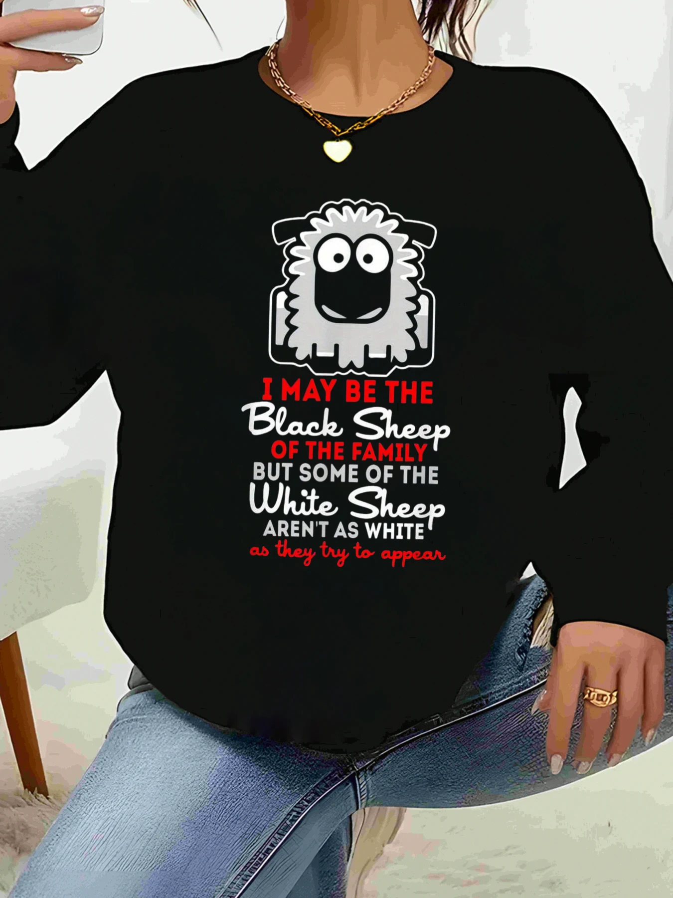 Sheep Print and Text Black Sheep of the Family Long Sleeve Top Casual Wear for Women