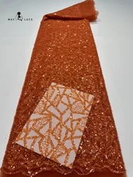 Orange African Groom Lace Fabrics 2024 High Quality Nigerian Embroidery Tulle Sequins Lace Fabric For Party Dress 5 Yards/Lot