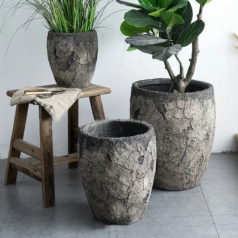 Vintage Flower Pot Smoky Gray Vase Plant Pot Distressed Oversized Tall Cement Fiber Planter Home Decor Garden Accessories Gift