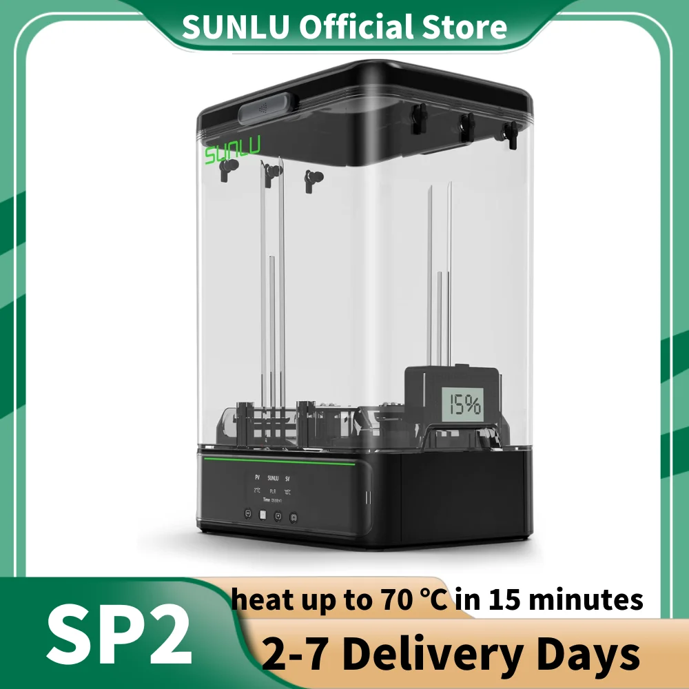 SUNLU SP2 Filament Dry Box, 70°C in 15 Mins, 3D Printing Fits 2x1kg/1x3kg Spools, 1.75-2.85mm. Smart Temp Control, Silicone Seal