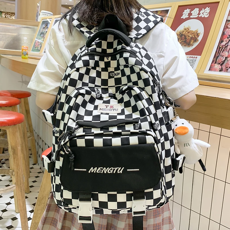 Black Students Backpack Nylon Cloth Plaid Letter Print Multi Pocket Large Lovers' School Backpacks Kawaii Pendant Girls Knapsack