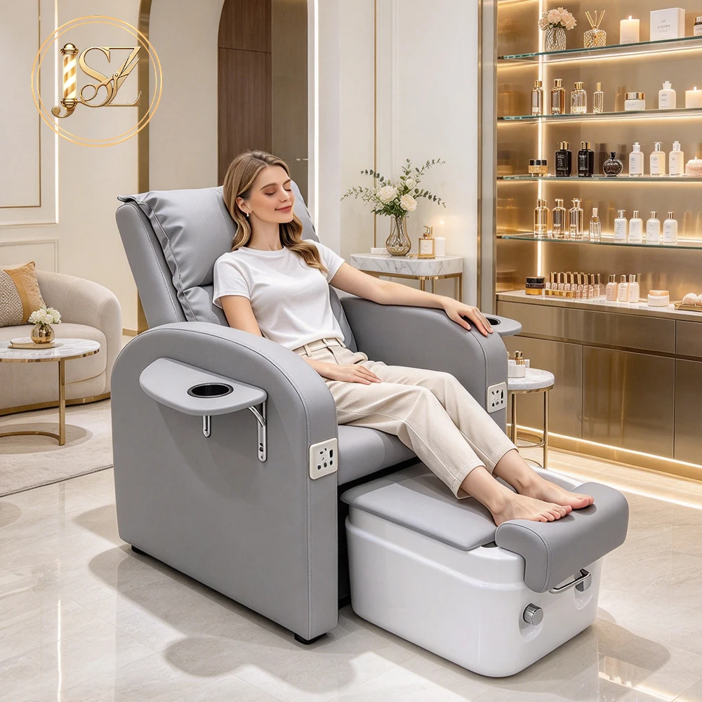 Commercial Grade PU Leather Reclining Pedicure Chair With Pull-out Foot Spa Basin USB Socket Folding Tray For Nail Lash Salon