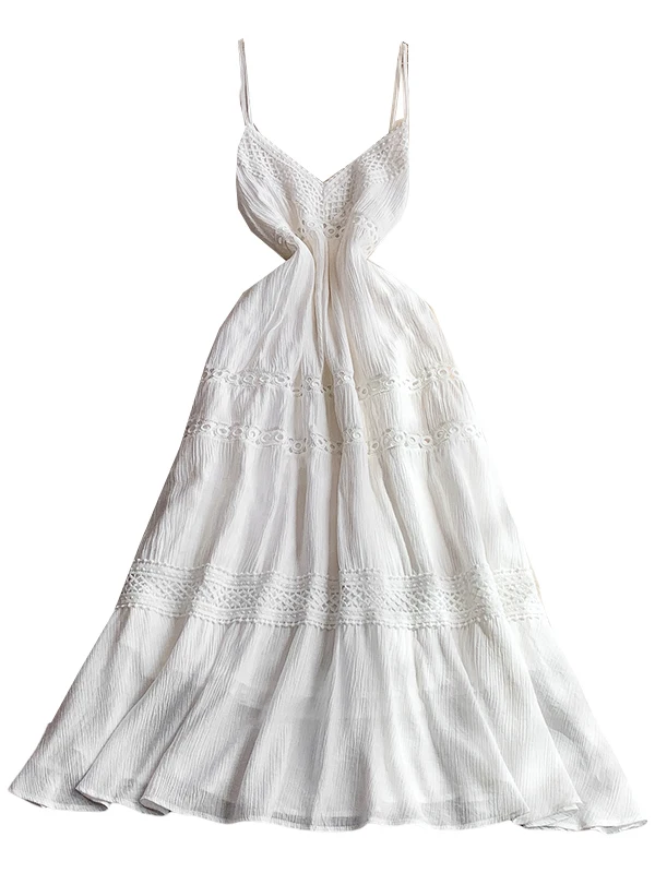 فستان نسائي طويل بتصميم بوهيمي مثير بظهر مكشوف وياقة على شكل V مع أشرطة، مزين بالدانتيل الأبيض، إصدار كوري مجوف على شكل حرف A #2