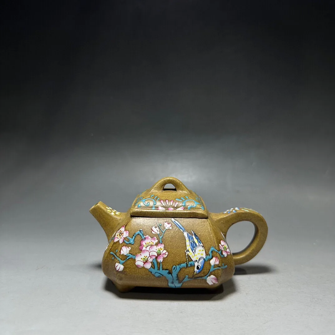 Old Chinese Handicraft Enameled YiXing Zisha (red stoneware) Teapot,flower&bird, with mark, Free shipping