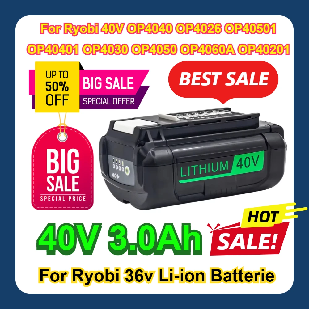 For Ryobi 40v Li-ion Batterie For Ryobi 40V OP4040 OP4026 OP40501 OP40401 OP4030 OP4050 OP4060A OP40201 3.0Ah