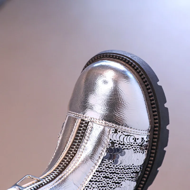 Bling Kids Chelsea Boots Solid Silver PU Leather Girls Fashion Boots Sequins Zip Non Slip Children Ankle Shoes