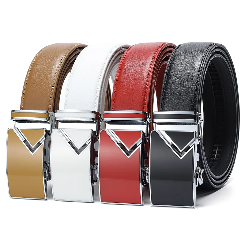 

Fashion Men's Plain Solid Color Belt Glossy V-Design Automatic Buckle Pure Leather Strap Daily Casual Waist Belt