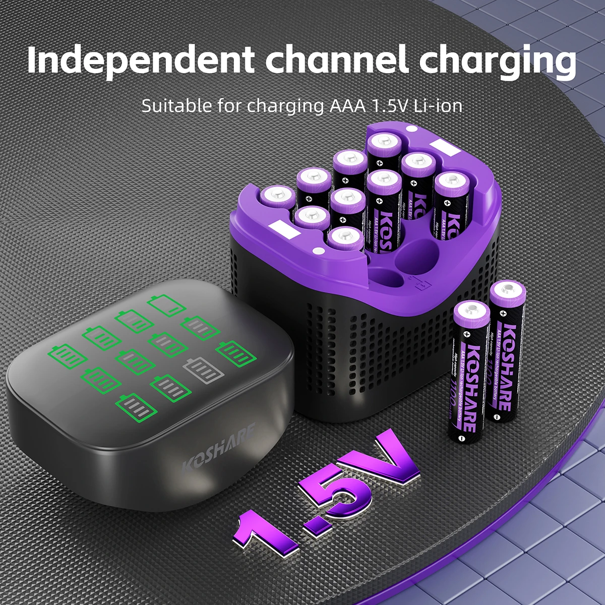 

KOSHARE 12 Slots 1.5V Constant Voltage Rechargeable Batteries AAA 1100mWh Lithium Battery Smart Charger Case With LCD Display