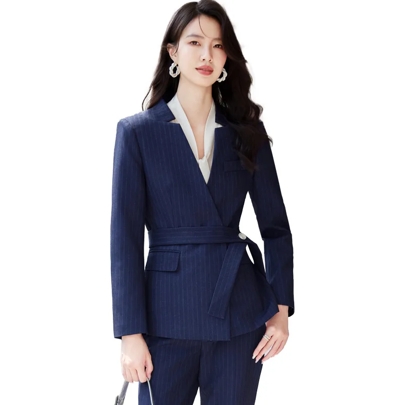 Ensemble de costume rayé haut de gamme avec couture, pantalon élégant pour les déplacements professionnels, ensemble deux pièces pour femmes, 2024