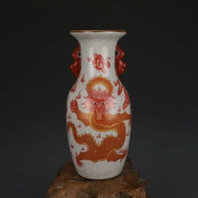 

24,5 см Китайская старинная фарфоровая ваза с узором дракона, глазурью фамиль-роз и эффектом кракле