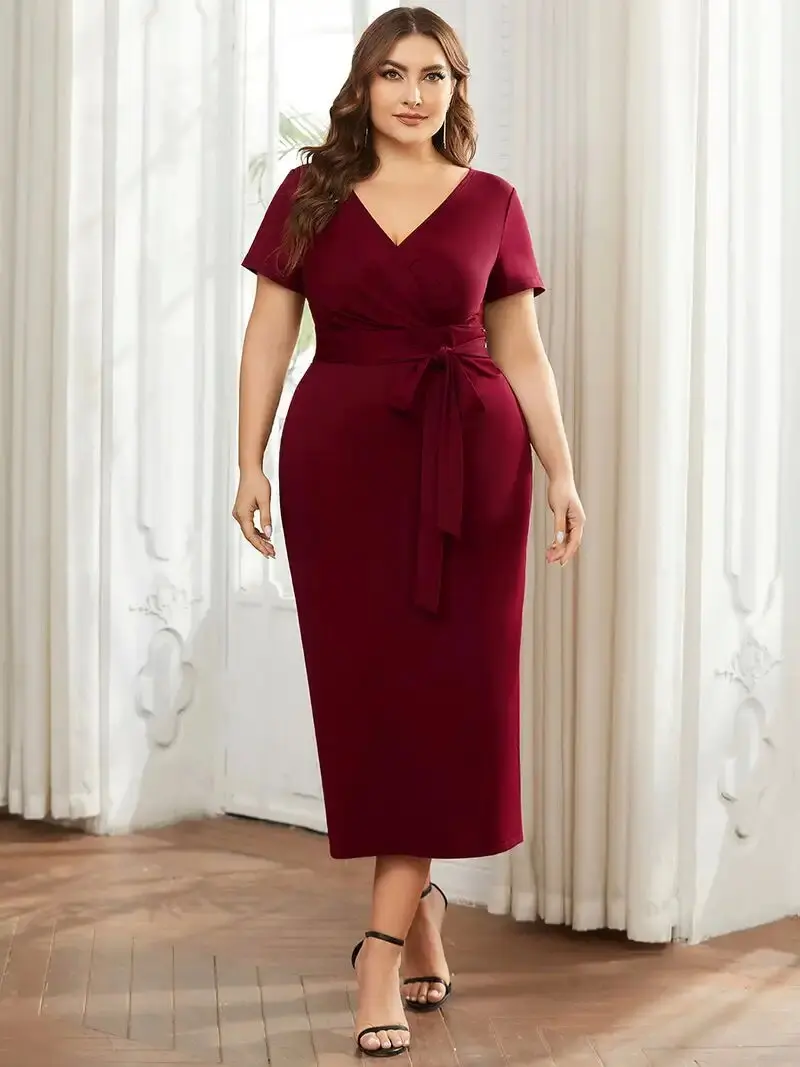 

Plus Size Evening Dresses Deep V Neck Short Sleeve Lightweight comoft With Belt 2023 Ever Pretty of Burgundy Cocktail Dresses